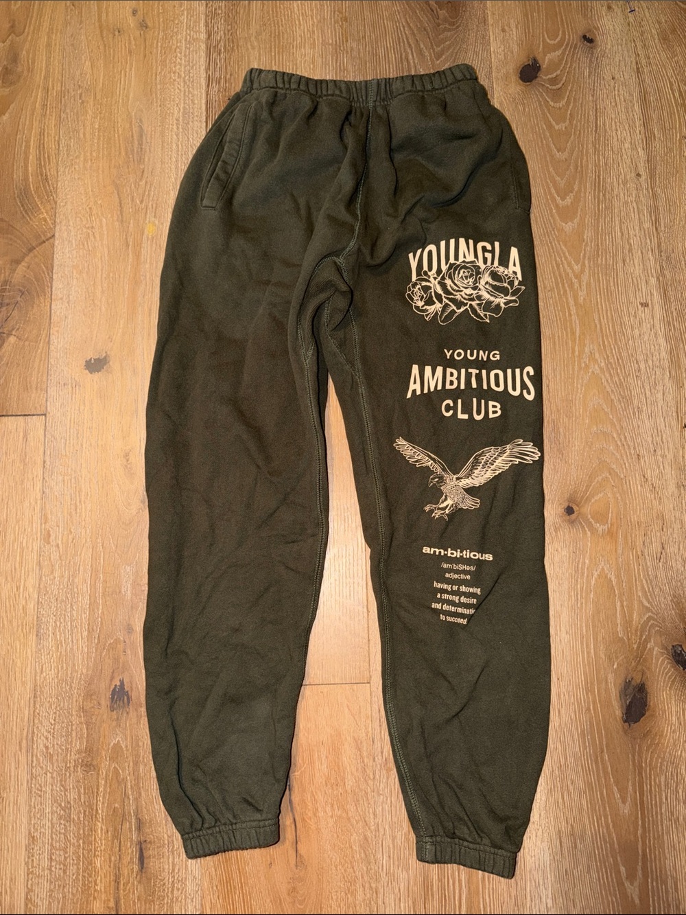 YoungLA Olive Green Graphic Joggers with Cream Print size small sweatpants